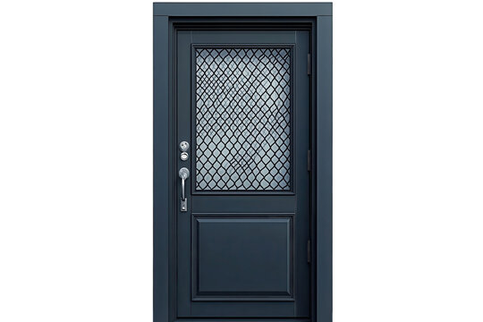 A stately metal front door with a decorative iron grille inviting glances and ensuring on transparent background