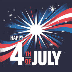 Happy 4th of july greeting with colorful patriotic fireworks and starburst design in red, white, and blue for usa independence celebration