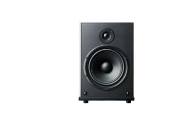 A solitary powerful black speaker standing ready to fill the silence with music and sound on transparent background