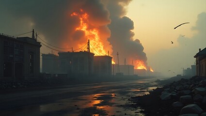 Obraz premium Aftermath of an airstrike on industrial complex