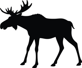 Elegant black silhouette of a majestic moose posing against a pure white background