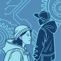 Two people wearing hats and hoodies looking at each other with abstract shapes in the background