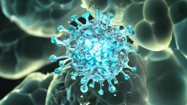 Close-up of glowing blue virus with protein spikes under a microscope on a dark bio background. Concept of microscopic pathogens and viral infections