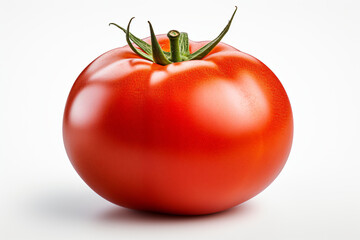 Single fresh ripe round red tomato with green stem isolated on clean white background studio