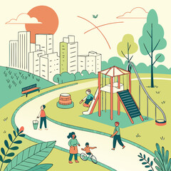 Illustration depicting children playing in a park with city buildings in the background scene