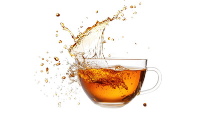 Transparent glass cup filled with splashing tea on a transparent  background elegant and dynamic