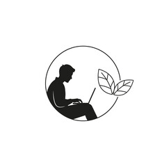 A silhouette of a man working on a laptop with leaves in a circle, isolated on white background