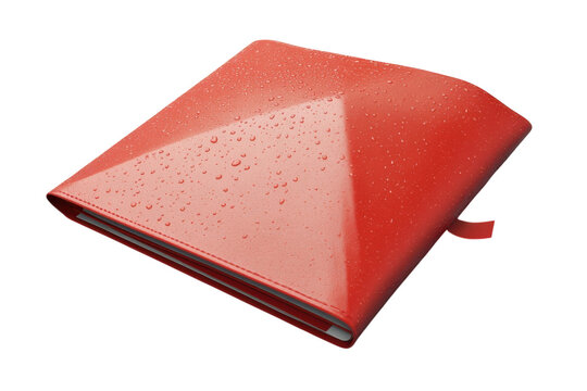 A sleek red binder fresh with raindrops symbolizes organization and resilience against on transparent background