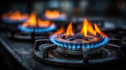 Vibrant blue flames flicker above gas burners in a contemporary kitchen, illuminating a cooking experience filled with warmth and energy. The atmosphere is lively and inviting.