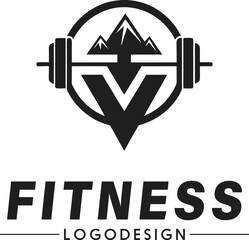 Modern fitness logo design with barbell and shield emblem, black and white gym icon, vector weightlifting logo for personal trainer, bodybuilding, sports brand identity symbol