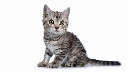 Obraz premium charming british shorthair gray tabby kitten sitting isolated on white background exuding cuteness and curiosity striped young small cat sitting posing side view looks to camera pet animal studio