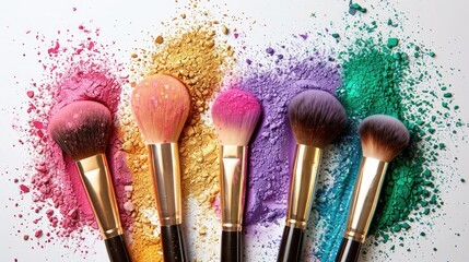 cosmetic background with a set of makeup brushes and scattered shadows of red, yellow, green, purple colors on a white background. Idea for advertising and promotion of cosmetics and a store
