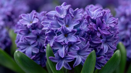 Fototapeta premium Clusters of purple hyacinth flowers fill the garden in spring, their striking colors and intricate petals draw attention among the fresh green leaves surrounding them.