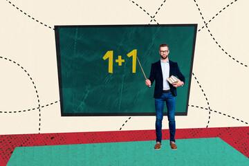 Sketch template design collage of young man teacher stand board showing numbers maths count lesson...