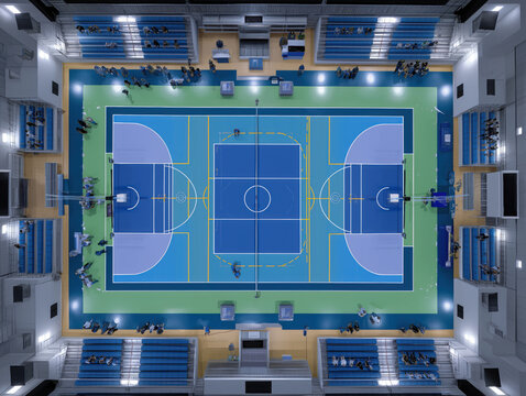 Aerial view of a vibrant basketball court featuring blue and green surfaces, surrounded by seating areas and spectators, showcasing an energetic sports environment and community engagement