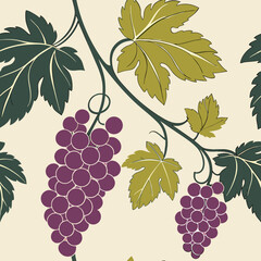Fototapeta premium Elegant pattern of grapevines with purple grapes and green leaves on a soft cream background 