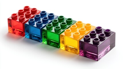 Obraz premium Five vibrant transparent building blocks are aligned in a row, showcasing a variety of colors. The blocks are designed for construction and creative play.