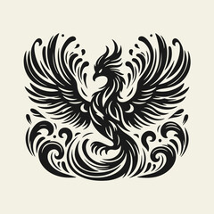 Black and white silhouette tattoo design of a phoenix bird, stylized in vintage woodcut or linocut technique. Clean lines, retro aesthetic, powerful mythical creature rising.