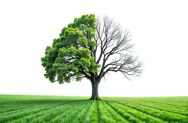 Green and bare tree in a lush field under bright sky during daytime