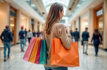 Woman shopping with colorful bags in a busy mall during daytime