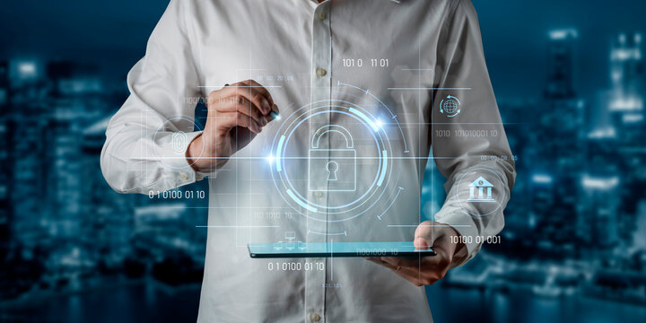 Cybersecurity system interface with biometric lock and data protection. Cybersecurity protects access, identity, cyber security prevents threats, and cyber security supports digital systems. Vouch - Powered by Adobe