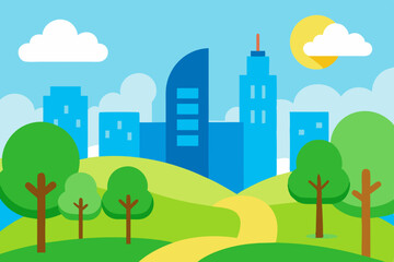 Fototapeta premium Cartoon Cityscape with Green Park Yellow Path Blue Buildings and Sunny Sky