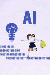 Artwork 3d zine image vertical collage of happy schoolgirl stand light bulb generation prompt...