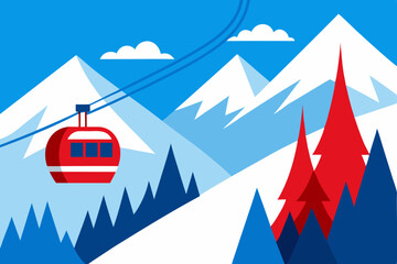 Stylized Mountain Landscape with Ski Lift and Evergreen Trees in Winter © amenagraphics