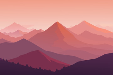Abstract Mountain Range Landscape with Warm Tones and Silhouetted Trees