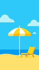 Minimalist Beach Scene with Umbrella Chair Clouds and Ocean View
