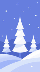Minimalist Winter Scene with Snow Covered Trees and Falling Snow