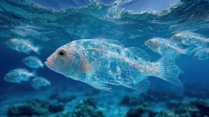 Fototapeta premium Colorful transparent fish glide through clear blue waters above vibrant coral reefs. Sunlight filters through the surface, illuminating the underwater habitat with a tranquil ambiance.