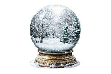 A serene winter wonderland encased in a magical snow globe evoking feelings of peace and on transparent background