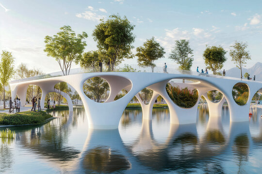 Futuristic city adapted to climate change, with green architecture, elevated walkways, and flood defenses