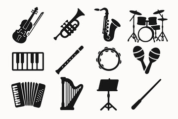 Black set of 12 musical icons. Minimal vector for performance and artistic themes.
