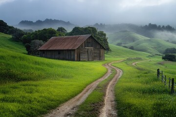 Fototapeta premium Rustic wooden barn nestled in a valley, bathed in soft light. A winding dirt road leads to the structure. Rolling hills, lush green grass, and misty mountains in the background