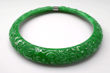 A photorealistic choker necklace with an engraved jade