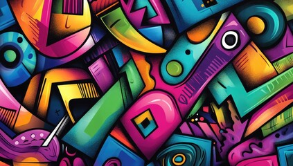 Vibrant abstract design featuring a multitude of colorful, geometric shapes and stylized objects, creating a dynamic and energetic visual experience
