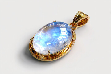A photorealistic gold pendant with a cabochon moonstone