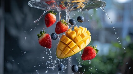 Fresh tropical fruit composition with strawberries blueberries and a mango slice suspended in water with dynamic splashes and droplets
