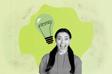 Full pop image sketch vertical collage of happy businessman businesswoman stand light bulb idea...