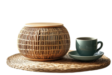 A serene morning scene with a warm beverage paired with a rustic woven basket on a woven mat on transparent background