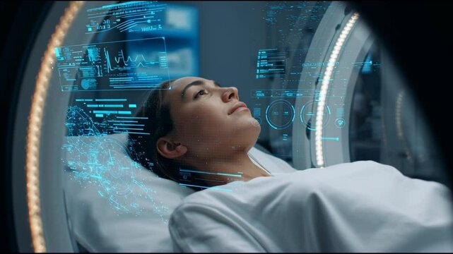 Close-up view of a patient receiving treatment in a smart medical environment. The advanced technology displays data and monitoring systems while the patient appears calm and relaxed