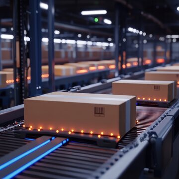 Automated cardboard boxes on conveyor belt