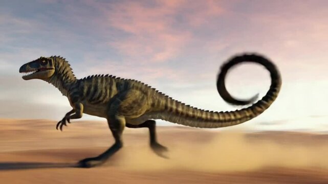 Dinosaur sprint across desert landscape at sunrise.