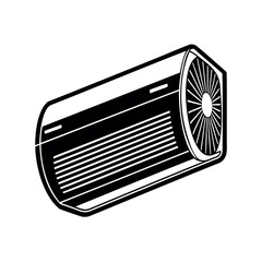 Isometric illustration of an air conditioner, fan, and ventilation system in black and white