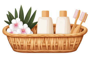 A serene bathroom basket showcasing natural soaps bamboo toothbrushes and fresh white plumeria on transparent background