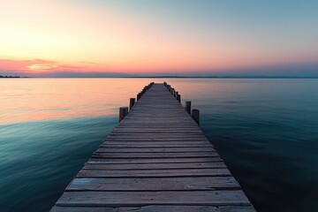 Tranquil wooden pier stretches into a serene sunrise/sunset over calm water