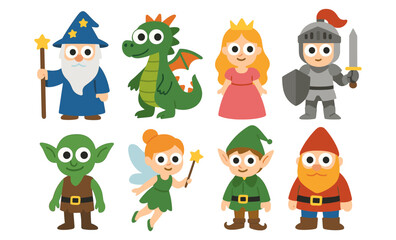Fototapeta premium Charming cartoon fantasy characters: wizard, dragon, princess, knight, goblin, fairy, elf, dwarf