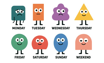 Colorful geometric shapes representing days of the week with facial expressions